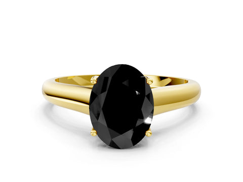 Yellow gold Fancy Black Oval Cut Cut Diamond Solitaire Engagement Ring with Tapered Plain Band and Four-Prong Setting