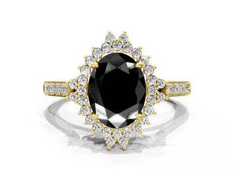 Yellow gold Fancy Black Oval Cut Cut Diamond Sunburst Halo Engagement Ring with Pavé Band_12