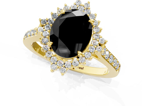 Yellow gold Fancy Black Oval Cut Cut Diamond Sunburst Halo Engagement Ring with Pavé Band_13
