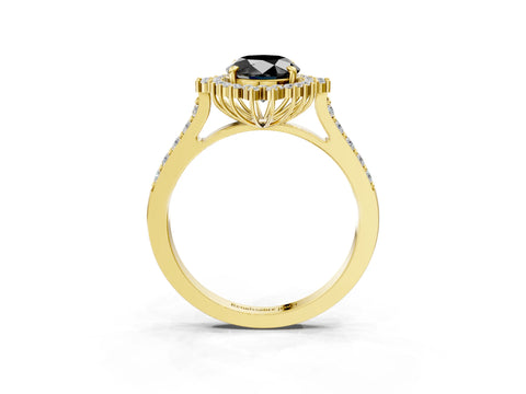 Yellow gold Fancy Black Oval Cut Cut Diamond Sunburst Halo Engagement Ring with Pavé Band_15