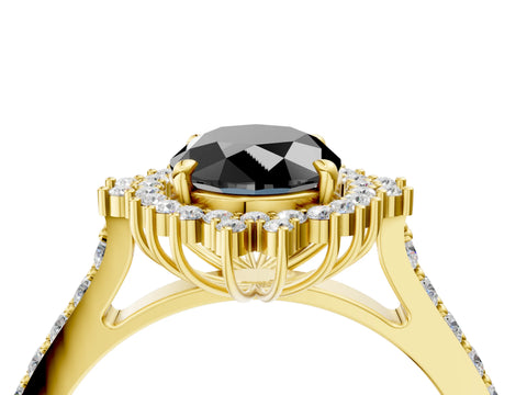 Yellow gold Fancy Black Oval Cut Cut Diamond Sunburst Halo Engagement Ring with Pavé Band_16