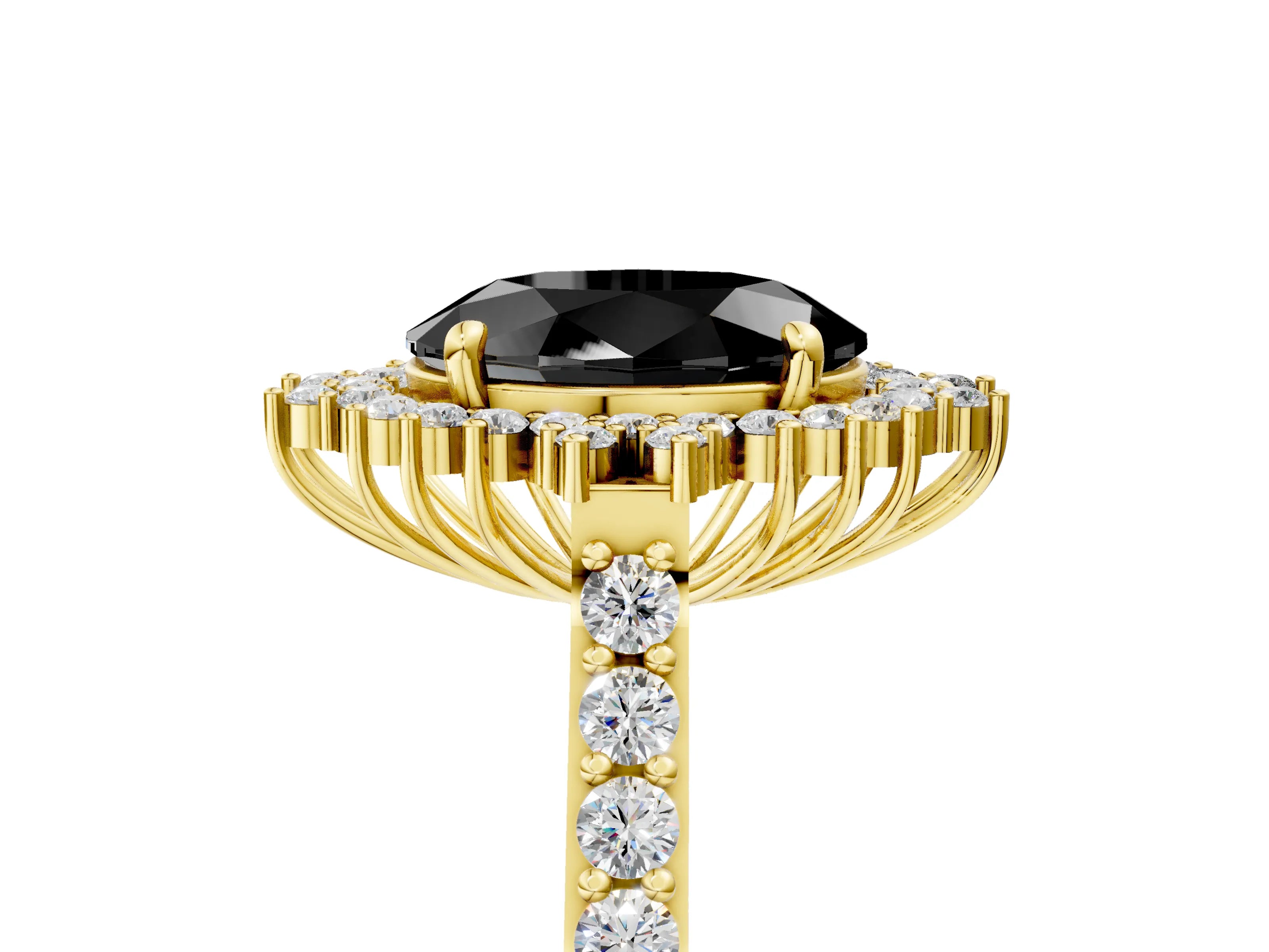 Yellow gold Fancy Black Oval Cut Cut Diamond Sunburst Halo Engagement Ring with Pavé Band_17
