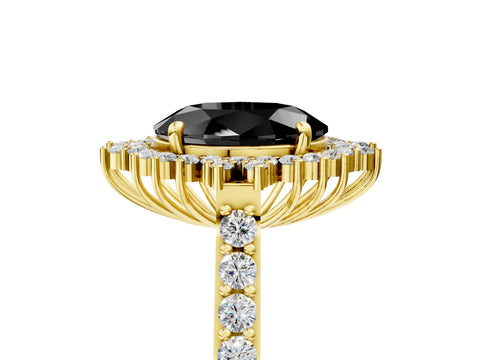 Yellow gold Fancy Black Oval Cut Cut Diamond Sunburst Halo Engagement Ring with Pavé Band_17