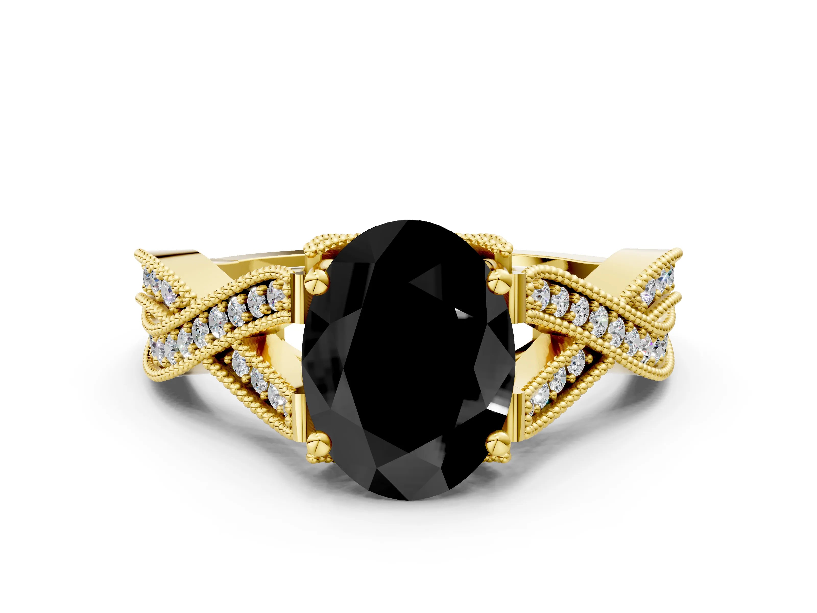 Yellow gold Fancy Black Oval Cut Cut Diamond Twisted Band with Milgrain Pave Setting and Four-Prong Setting