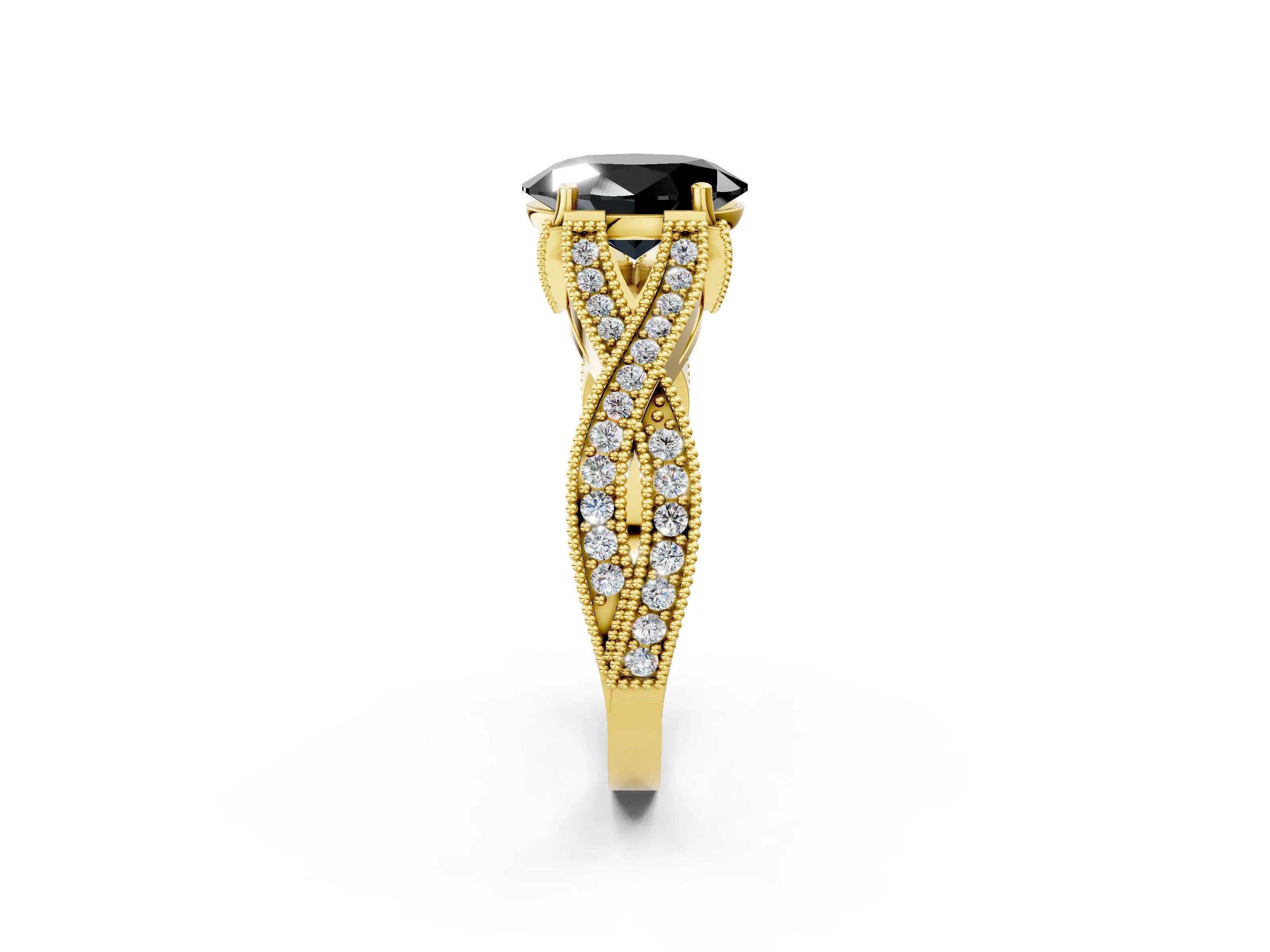 Yellow gold Fancy Black Oval Cut Cut Diamond Twisted Band with Milgrain Pave Setting and Four-Prong Setting_2