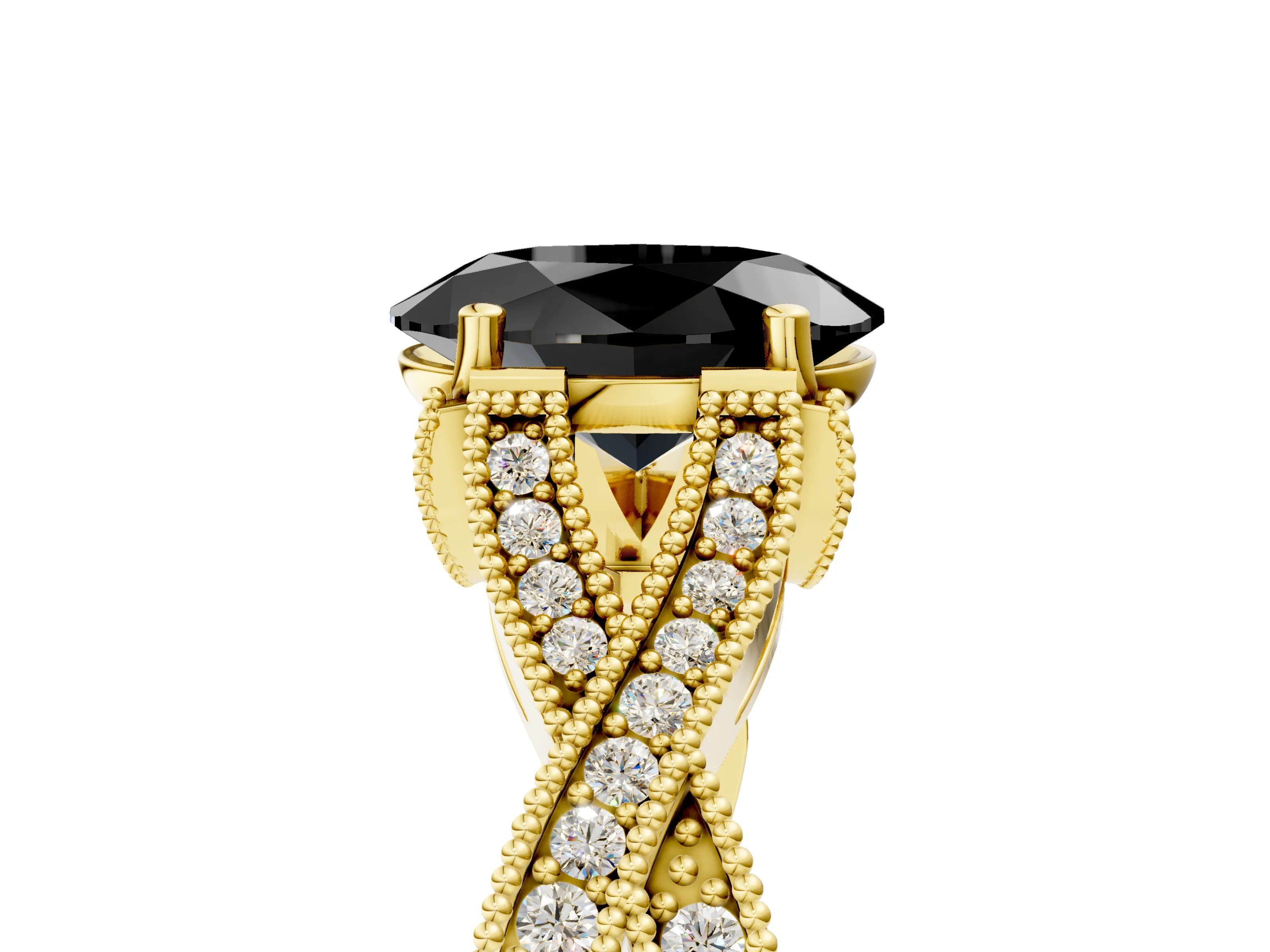 Yellow gold Fancy Black Oval Cut Cut Diamond Twisted Band with Milgrain Pave Setting and Four-Prong Setting_5