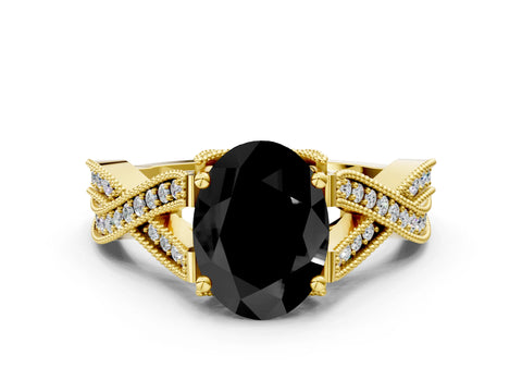 Yellow gold Fancy Black Oval Cut Cut Diamond Twisted Band with Milgrain Pave Setting and Four-Prong Setting