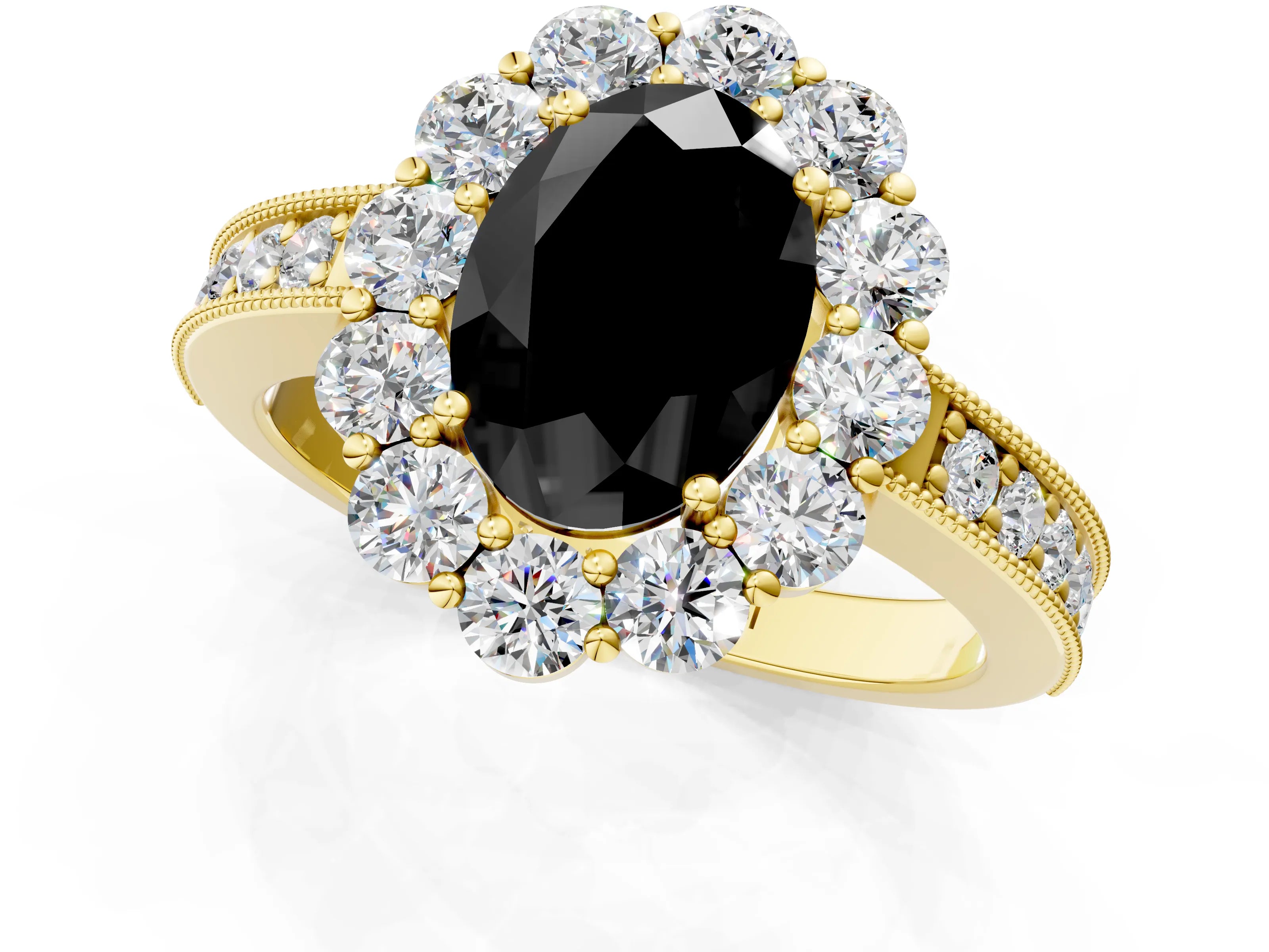 Yellow gold Fancy Black Oval Cut Cut Halo Diamond Pavé Engagement Ring with Milgrain Detailing_1