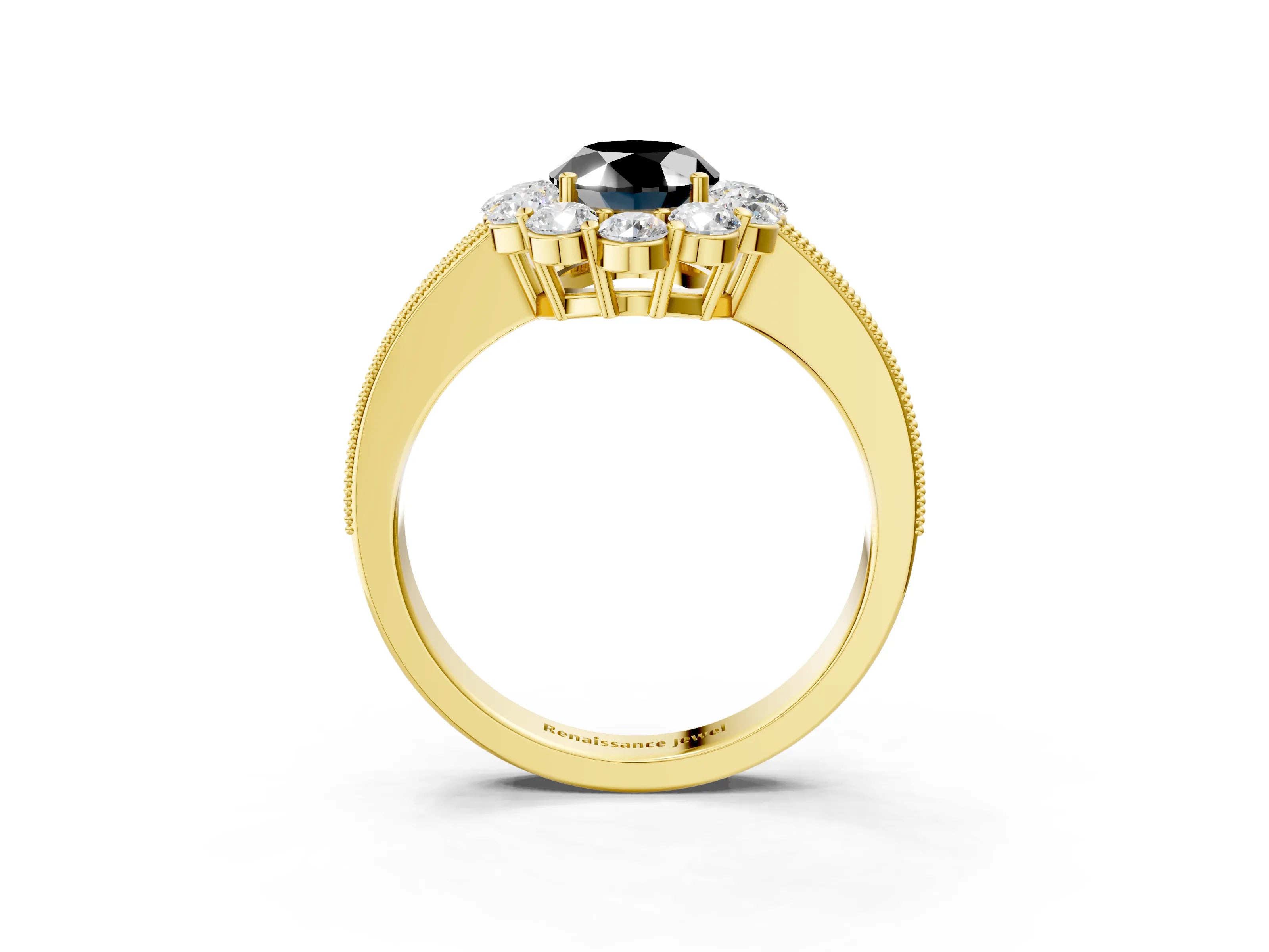Yellow gold Fancy Black Oval Cut Cut Halo Diamond Pavé Engagement Ring with Milgrain Detailing_3