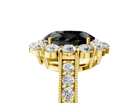 Yellow gold Fancy Black Oval Cut Cut Halo Diamond Pavé Engagement Ring with Milgrain Detailing_5