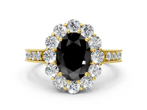 Yellow gold Fancy Black Oval Cut Cut Halo Diamond Pavé Engagement Ring with Milgrain Detailing
