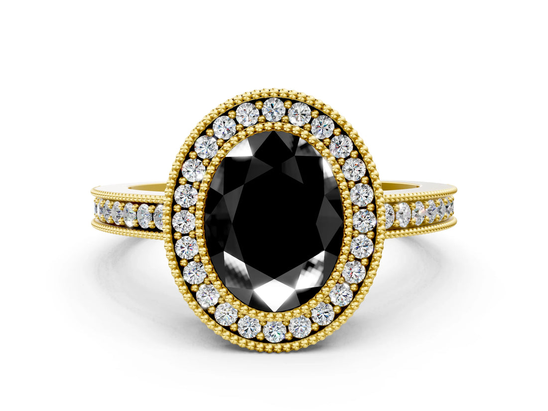 Yellow gold Fancy Black Oval Cut Cut Halo Pavé Diamond Ring