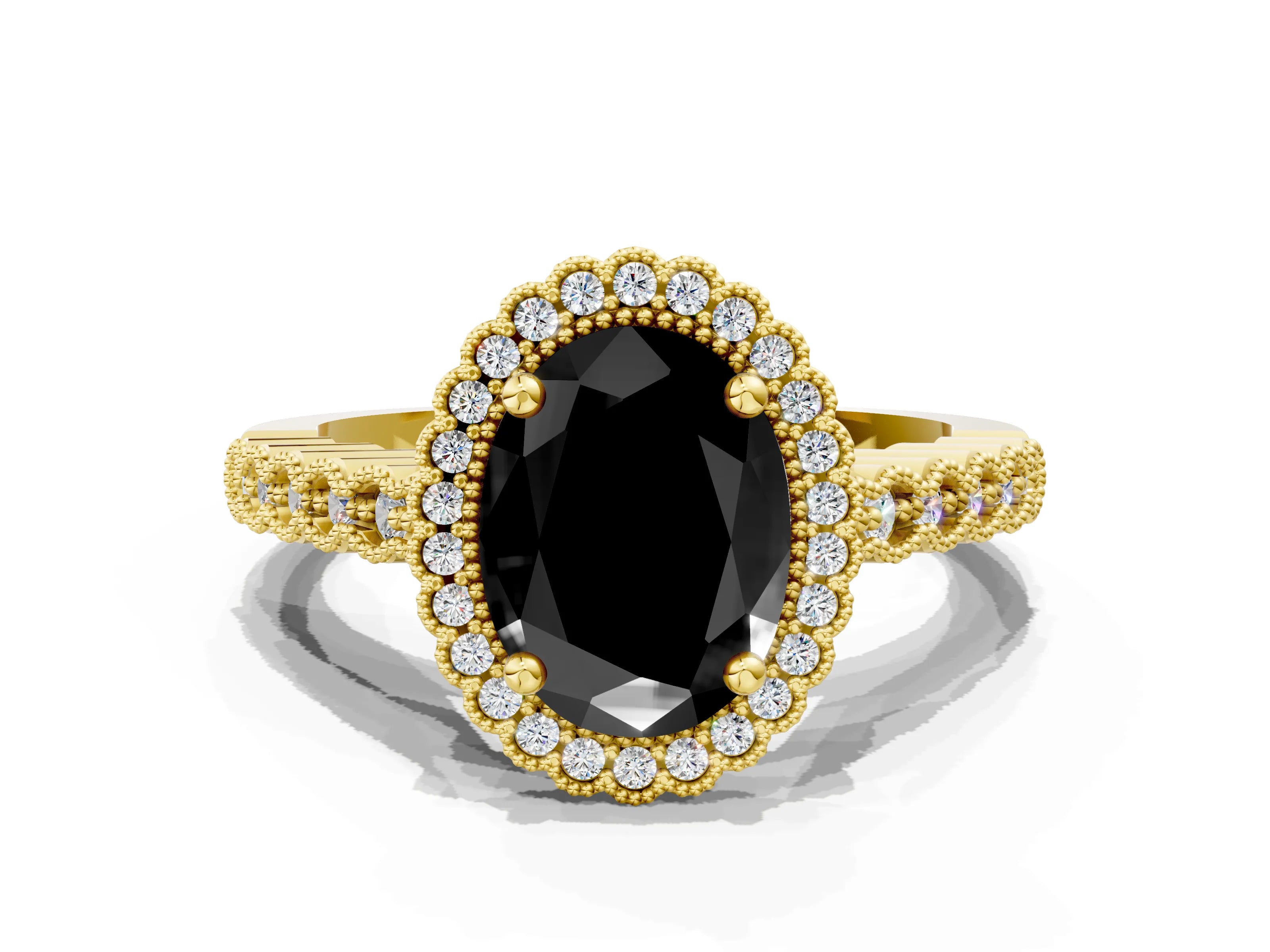 Yellow gold Fancy Black Oval Cut Cut Halo Pavé Solitaire Ring with Milgrain Band
