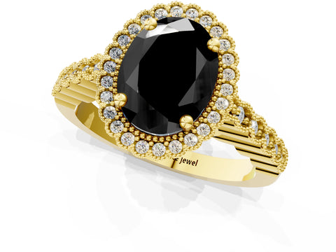 Yellow gold Fancy Black Oval Cut Cut Halo Pavé Solitaire Ring with Milgrain Band_1