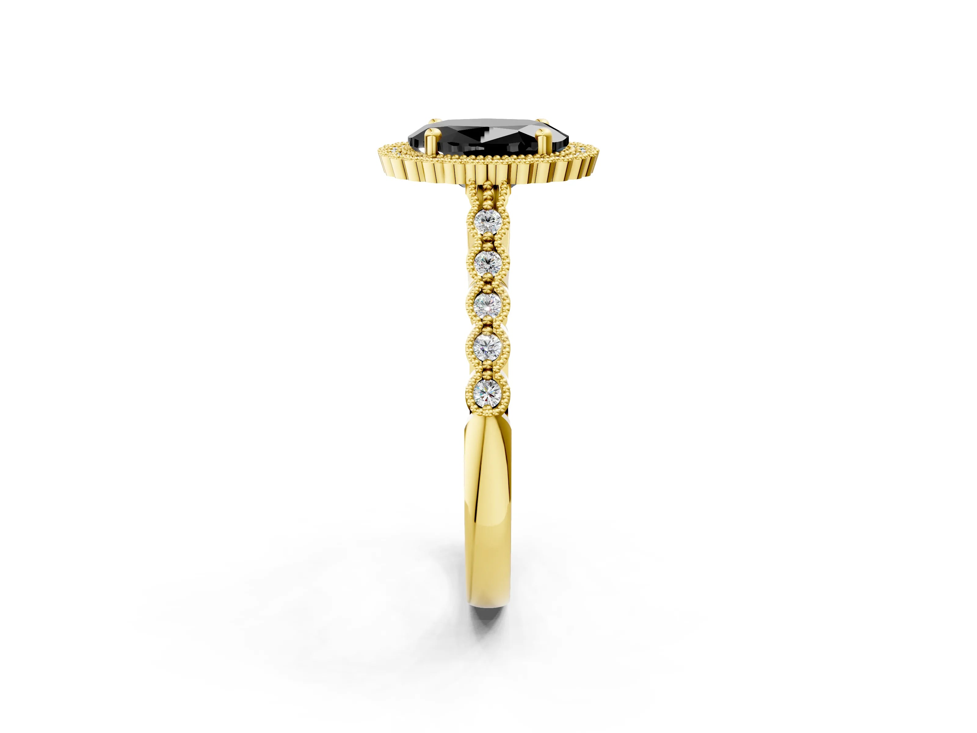 Yellow gold Fancy Black Oval Cut Cut Halo Pavé Solitaire Ring with Milgrain Band_2