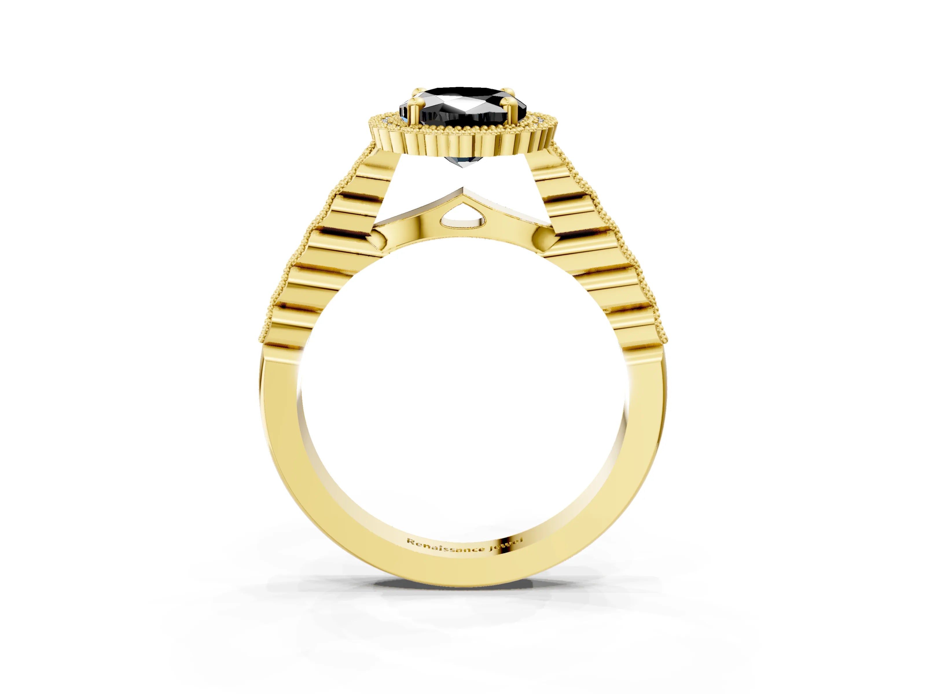 Yellow gold Fancy Black Oval Cut Cut Halo Pavé Solitaire Ring with Milgrain Band_3