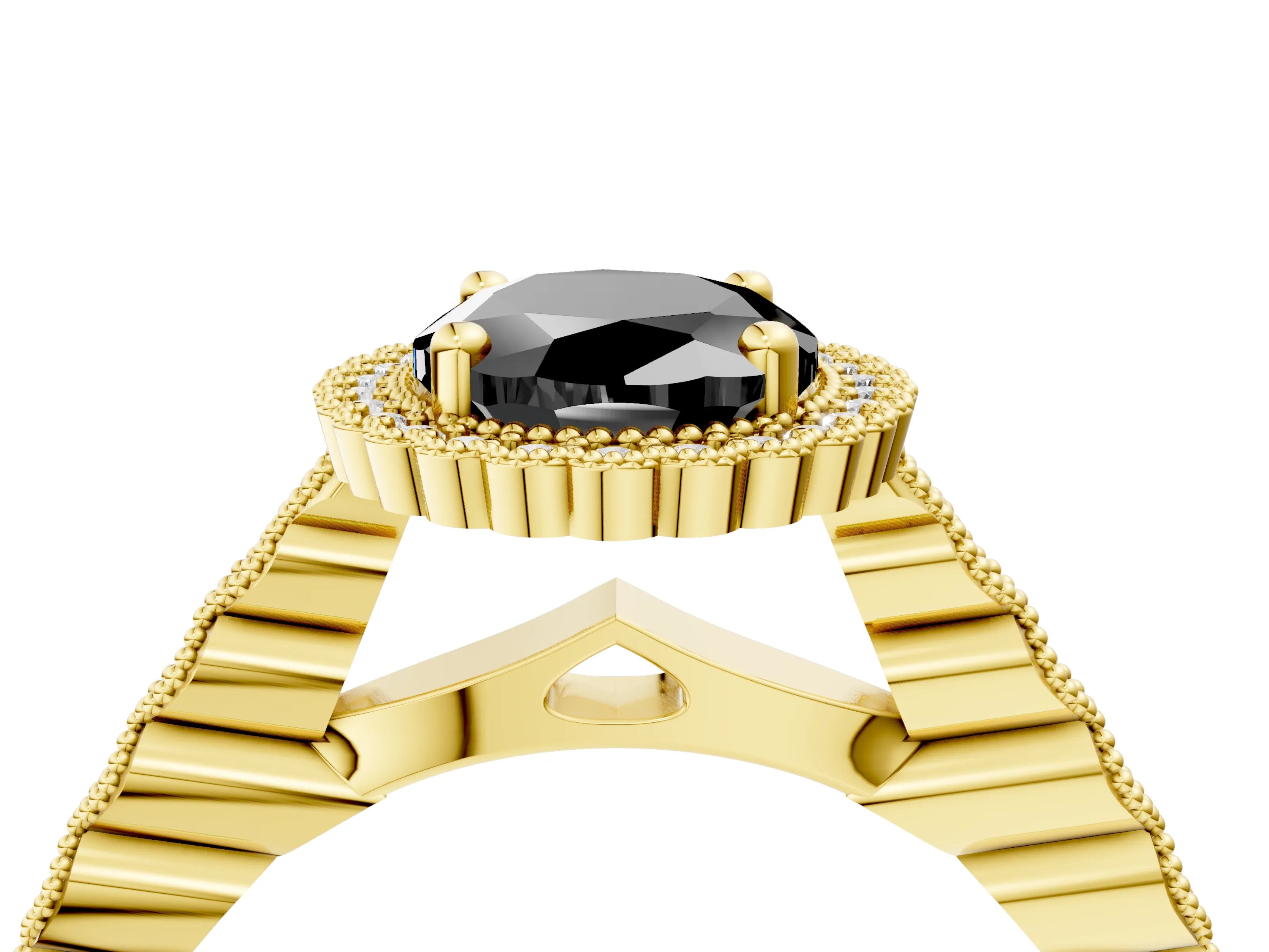 Yellow gold Fancy Black Oval Cut Cut Halo Pavé Solitaire Ring with Milgrain Band_4