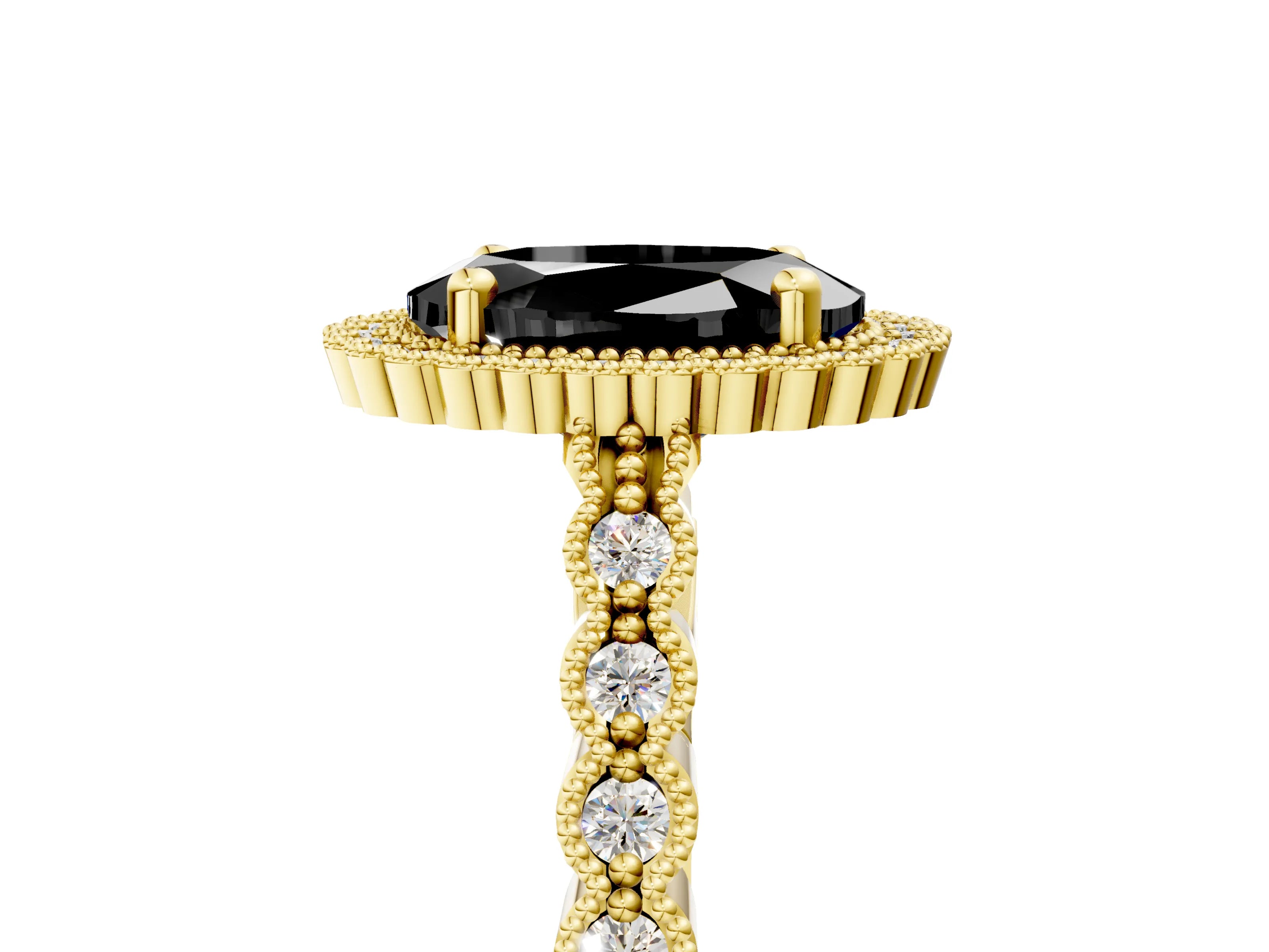 Yellow gold Fancy Black Oval Cut Cut Halo Pavé Solitaire Ring with Milgrain Band_5