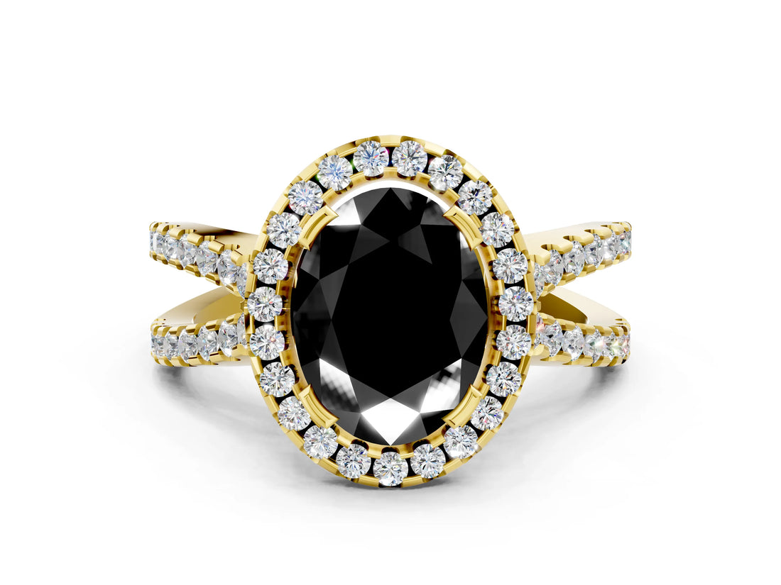 Yellow gold Fancy Black Oval Cut Cut Halo Split Shank Pave Set Ring