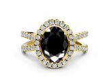 Yellow gold Fancy Black Oval Cut Cut Halo Split Shank Pave Set Ring