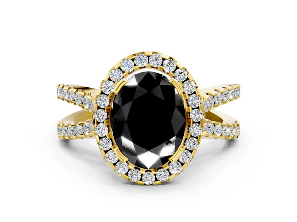 Yellow Gold Oval Halo Engagement Ring Setting for Black Center with Pave Split Shank