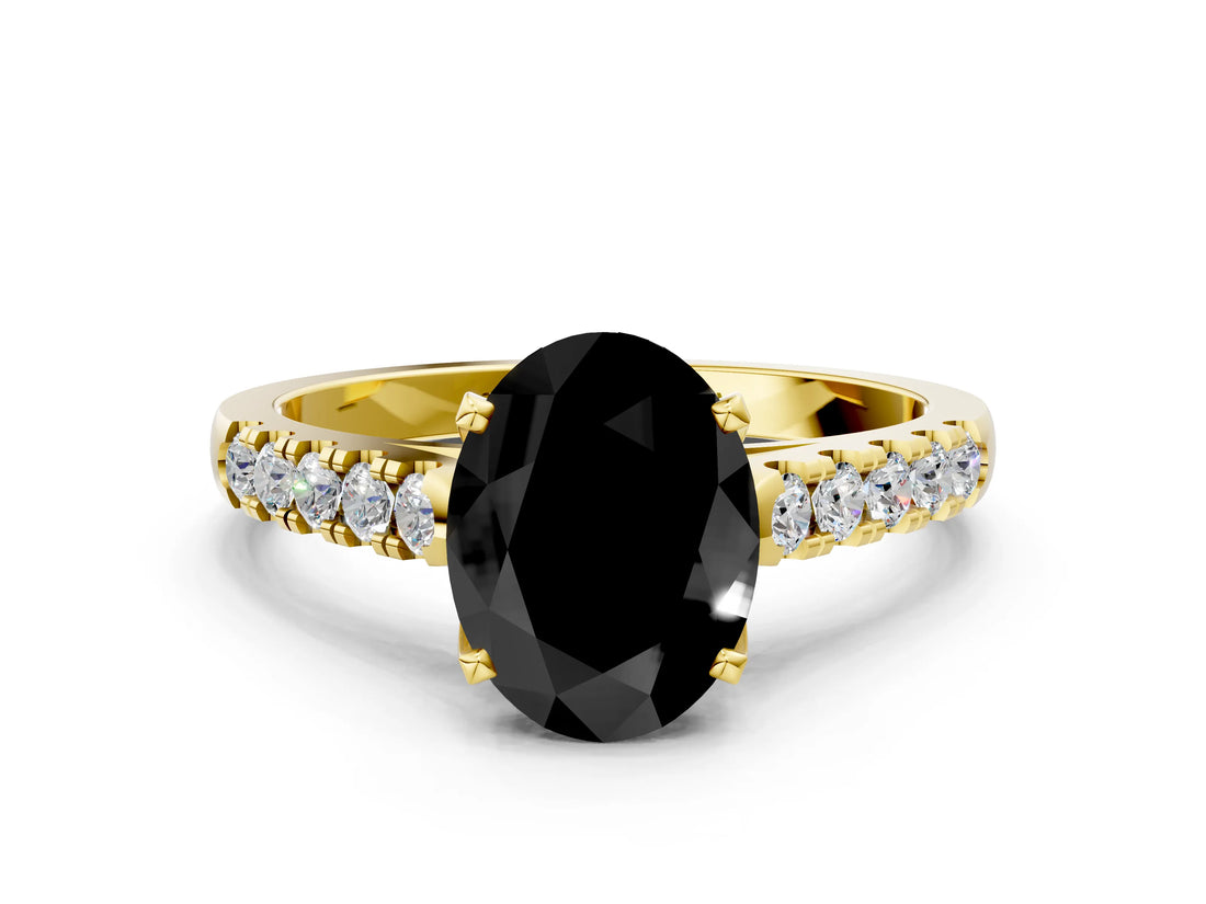 Yellow gold Fancy Black Oval Cut Cut Pavé Band Solitaire Ring with Four-Prong Setting