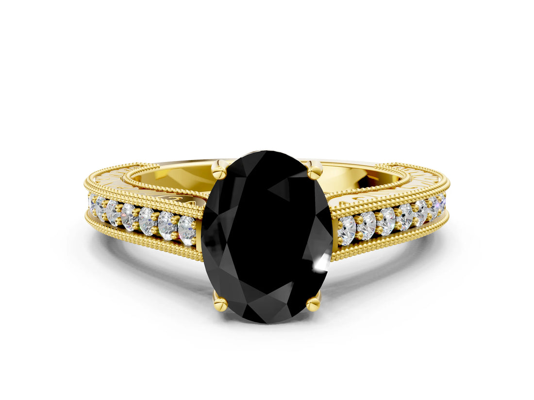Yellow gold Fancy Black Oval Cut Cut Pave Band Milgrain Solitaire Ring