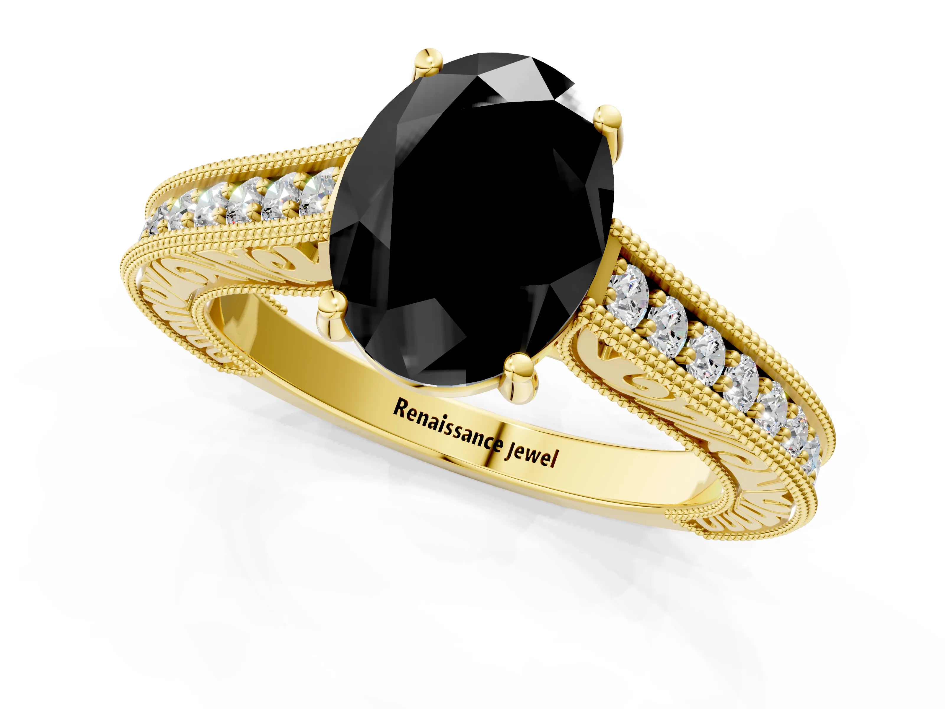 Yellow gold Fancy Black Oval Cut Cut Pave Band Milgrain Solitaire Ring_1