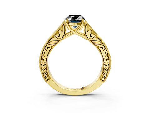 Yellow gold Fancy Black Oval Cut Cut Pave Band Milgrain Solitaire Ring_3