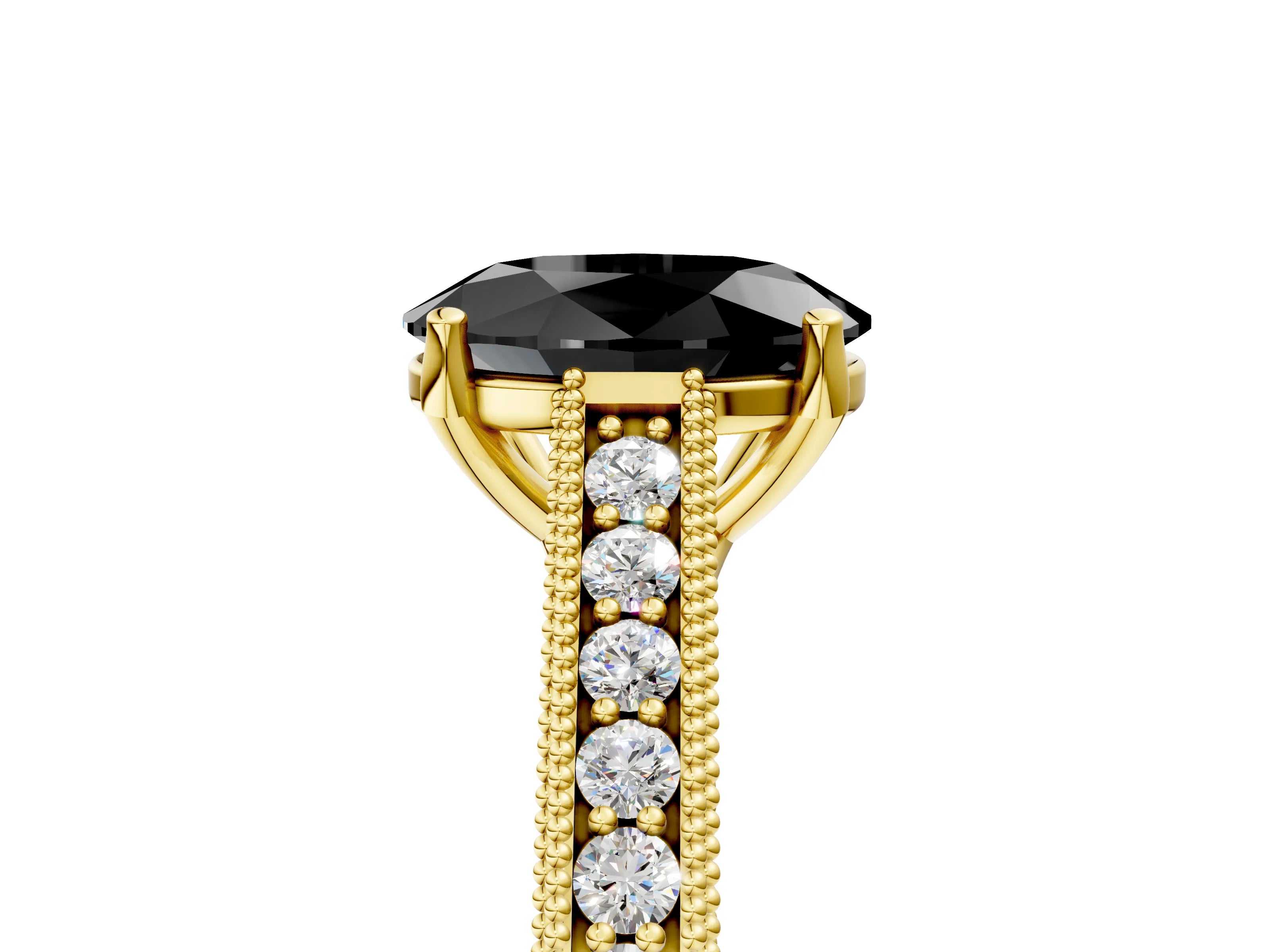 Yellow gold Fancy Black Oval Cut Cut Pave Band Milgrain Solitaire Ring_5