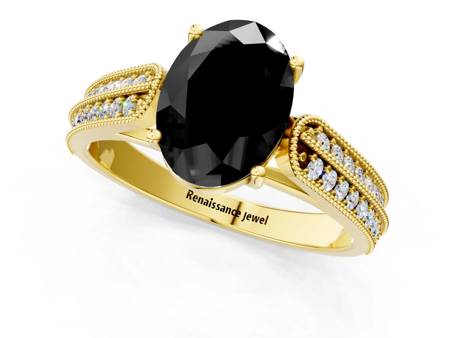 Yellow gold Fancy Black Oval Cut Cut Pave Split Shank Engagement Ring with Four-Prong Setting