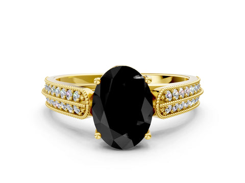 Yellow gold Fancy Black Oval Cut Cut Pave Split Shank Engagement Ring with Four-Prong Setting
