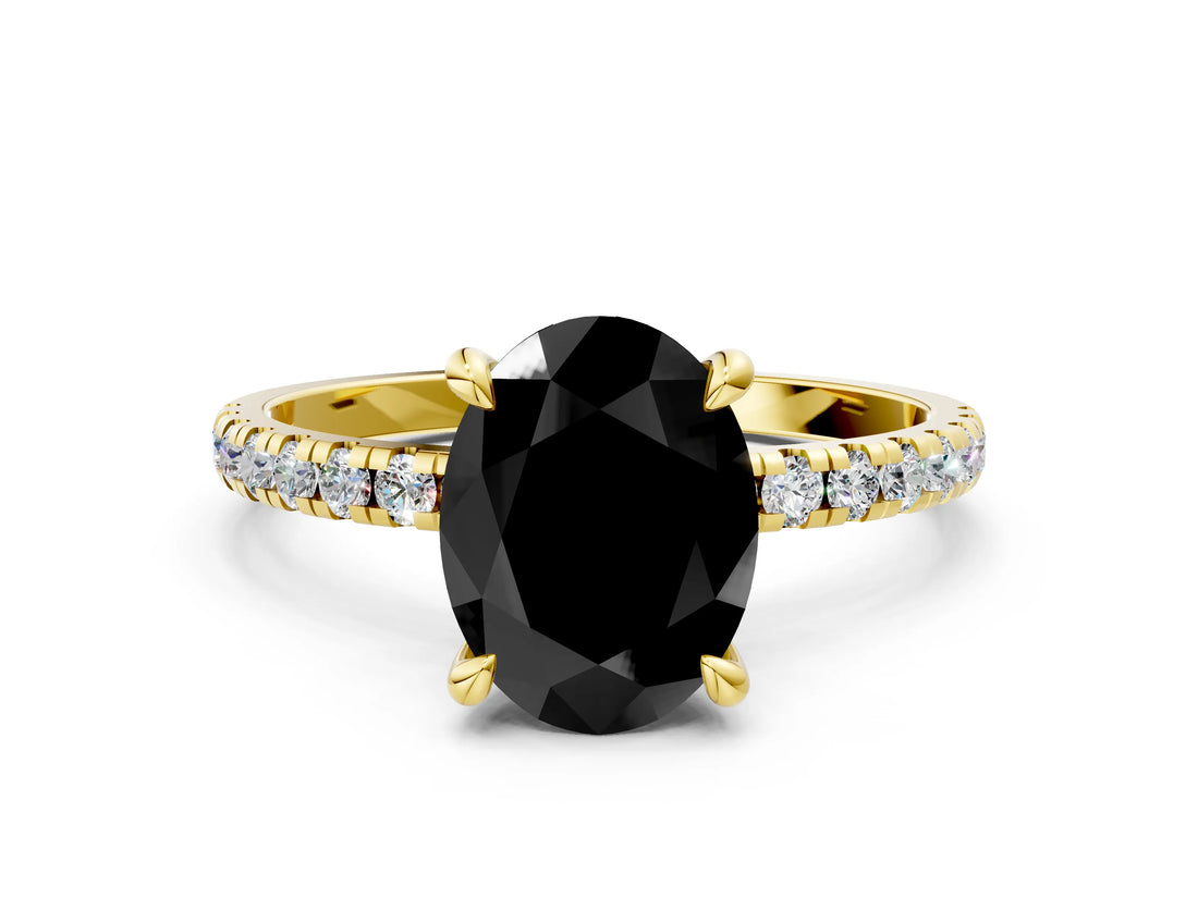 Yellow gold Fancy Black Oval Cut Diamond Brilliant Solitaire Ring with Pavé Band and Four-Prong Setting_12