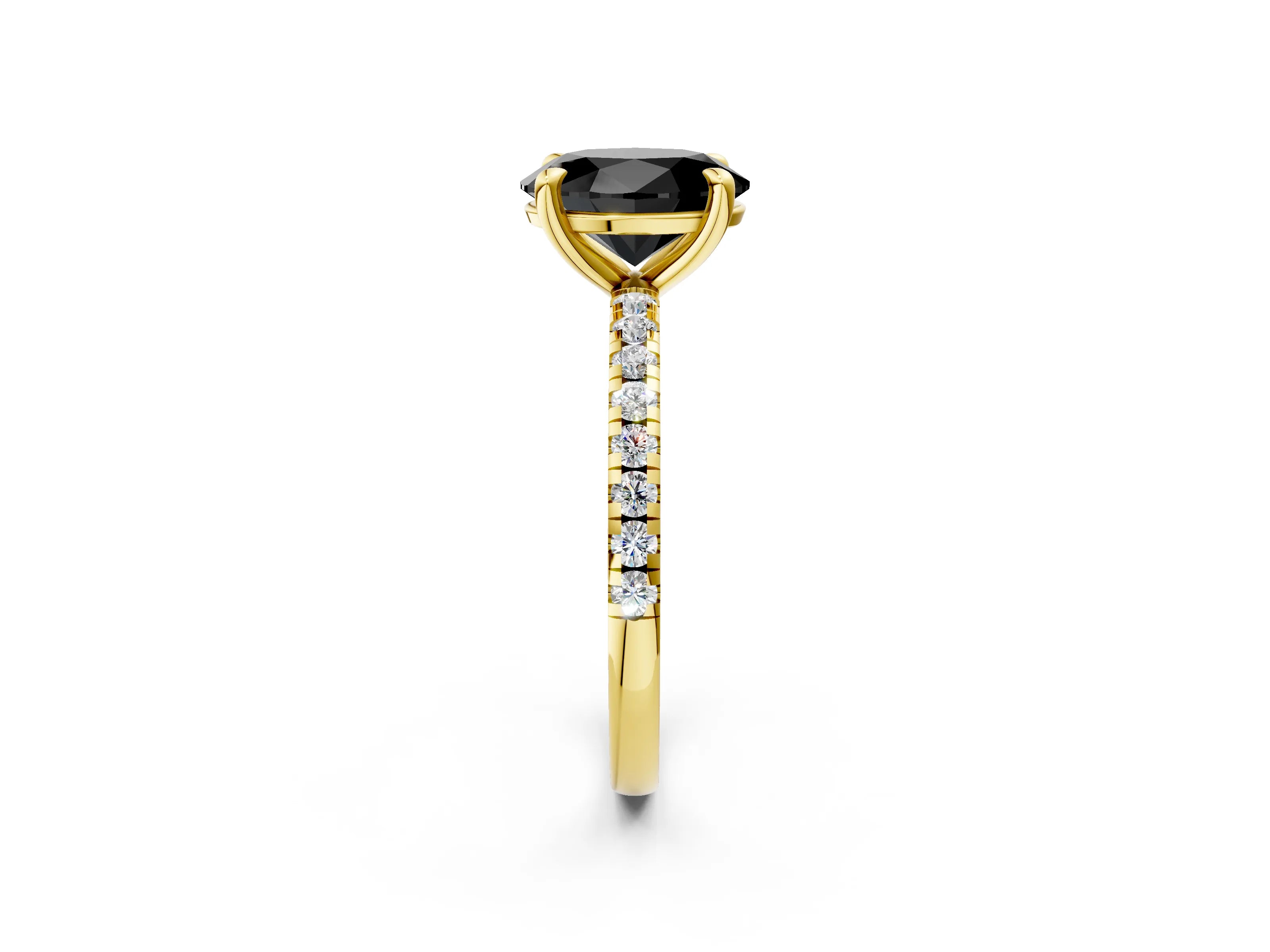 Yellow gold Fancy Black Oval Cut Diamond Brilliant Solitaire Ring with Pavé Band and Four-Prong Setting_2