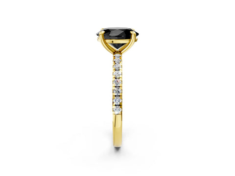 Yellow gold Fancy Black Oval Cut Diamond Brilliant Solitaire Ring with Pavé Band and Four-Prong Setting_2