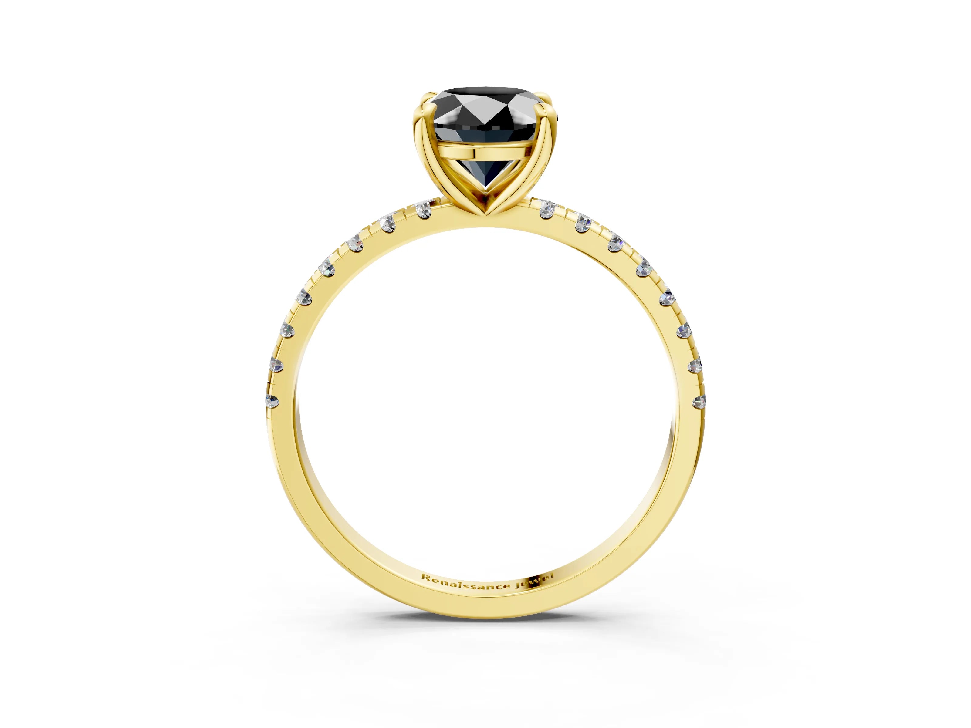 Yellow gold Fancy Black Oval Cut Diamond Brilliant Solitaire Ring with Pavé Band and Four-Prong Setting_3