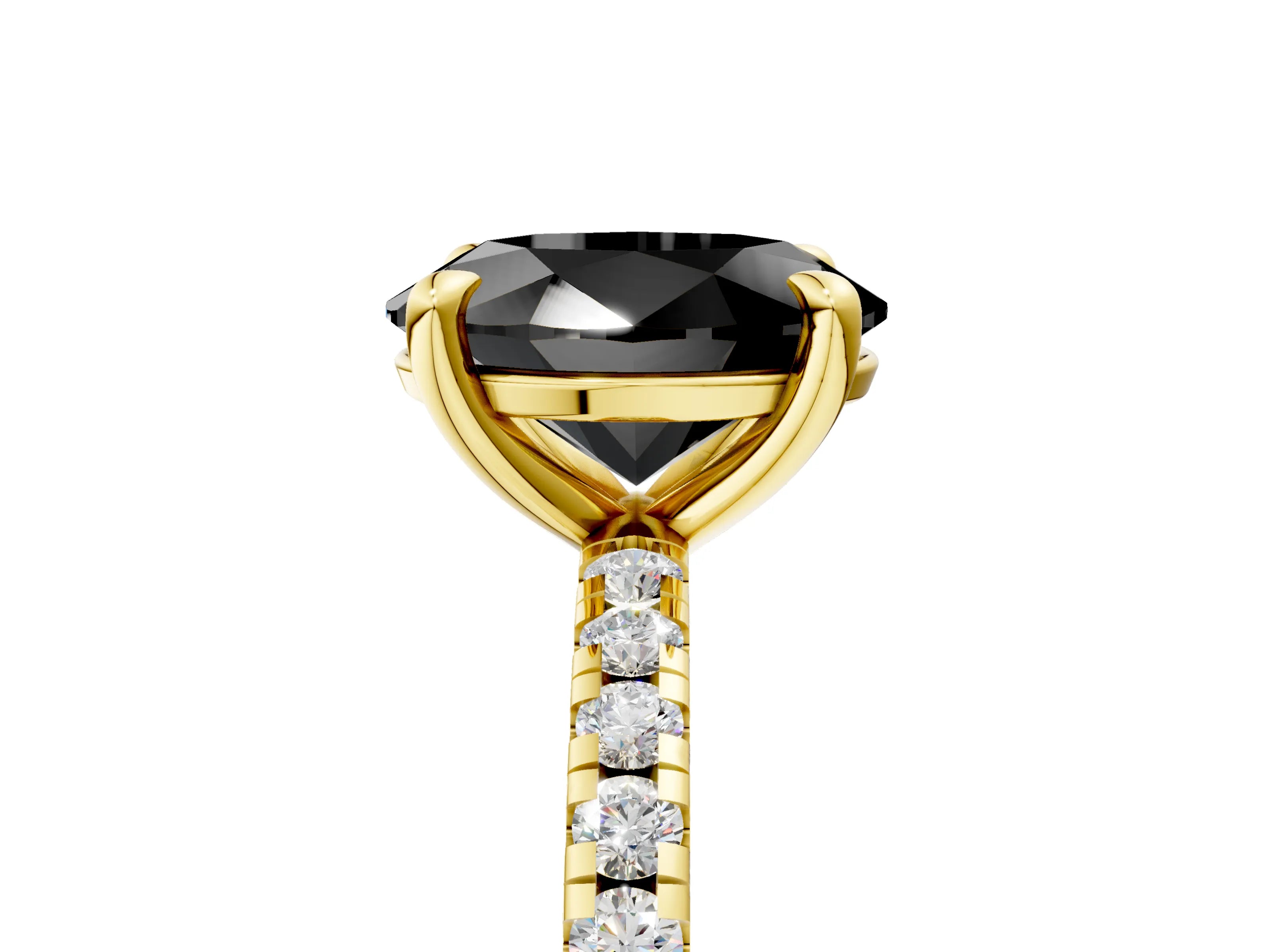 Yellow gold Fancy Black Oval Cut Diamond Brilliant Solitaire Ring with Pavé Band and Four-Prong Setting_5