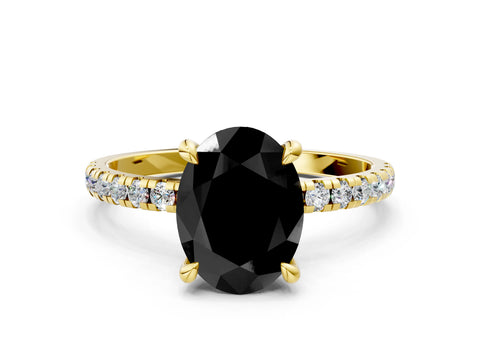 Yellow gold Fancy Black Oval Cut Diamond Brilliant Solitaire Ring with Pavé Band and Four-Prong Setting