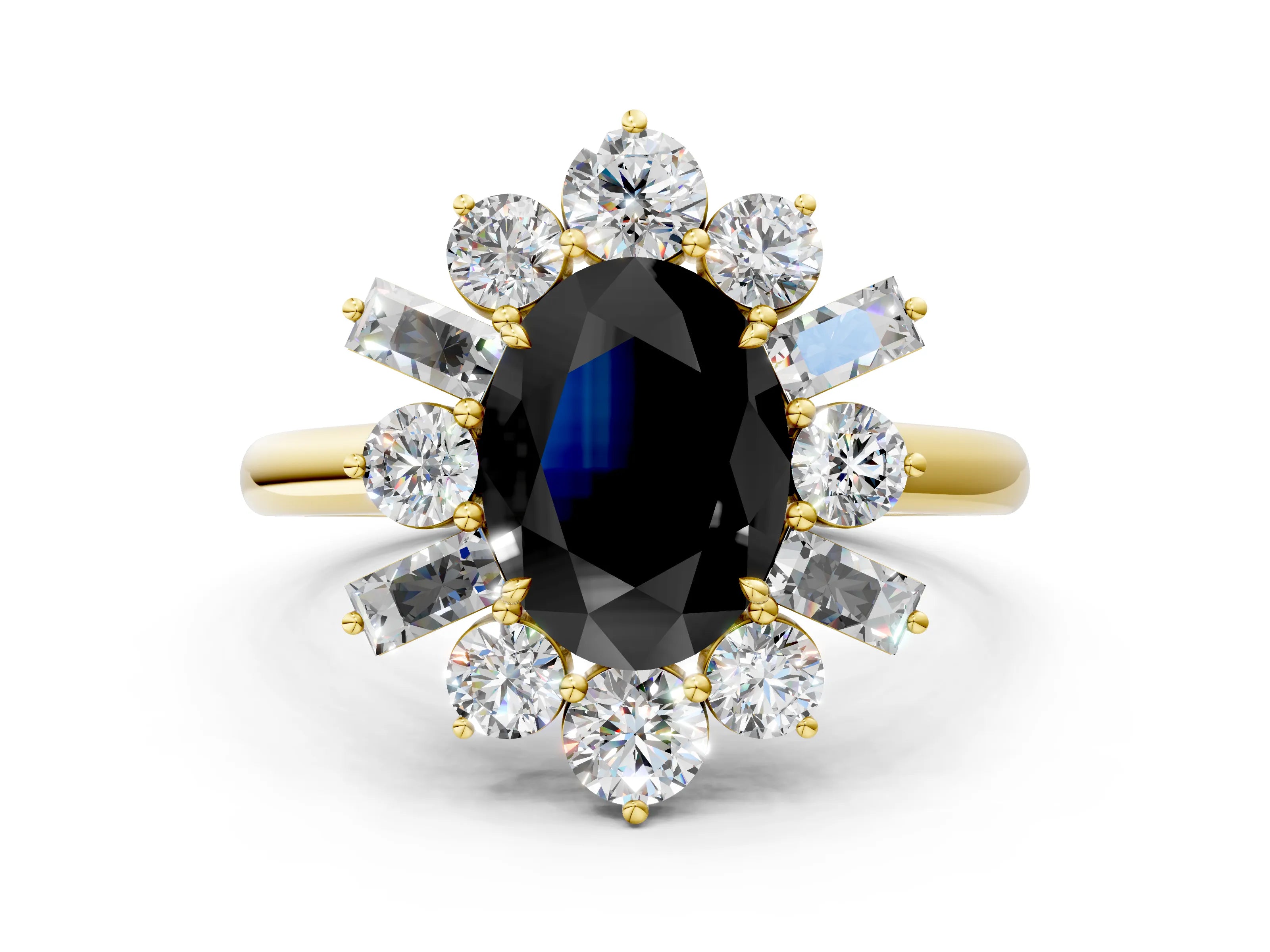 Yellow gold Fancy Black Oval Cut Diamond Cluster Ring with Round and Baguette Stones, Split Shank Band, Prong Setting