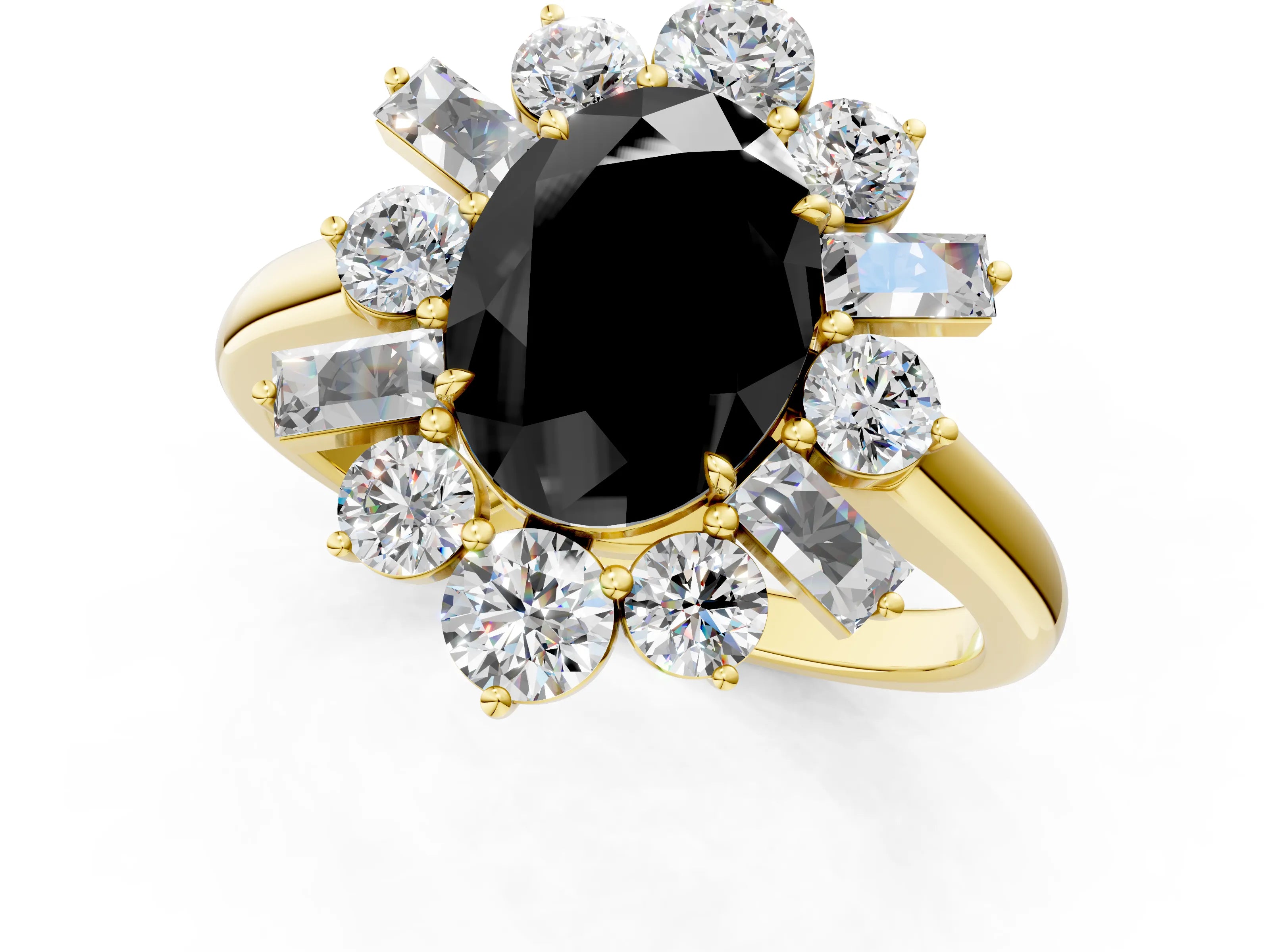 Yellow gold Fancy Black Oval Cut Diamond Cluster Ring with Round and Baguette Stones, Split Shank Band, Prong Setting_1