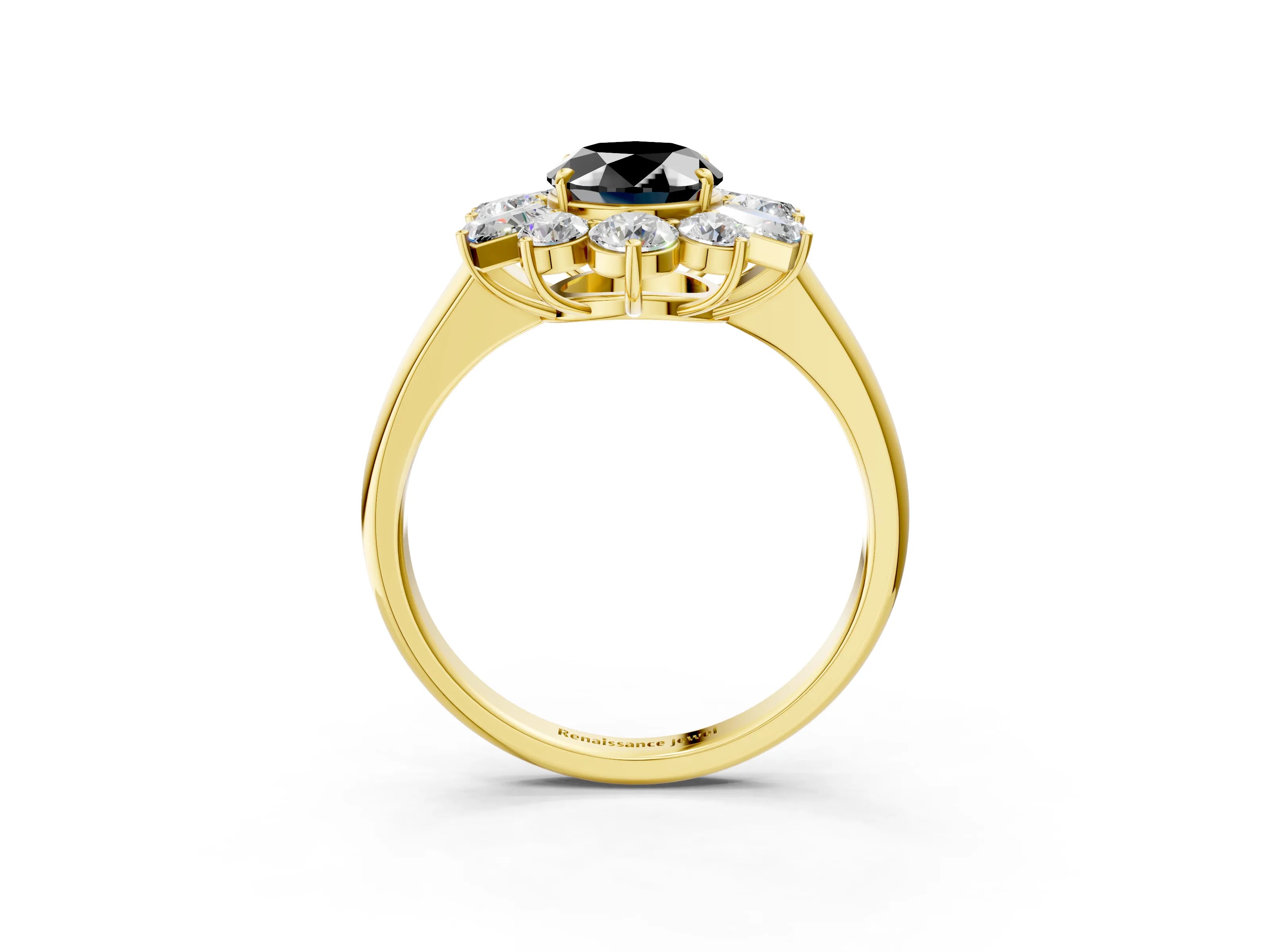Yellow gold Fancy Black Oval Cut Diamond Cluster Ring with Round and Baguette Stones, Split Shank Band, Prong Setting_3