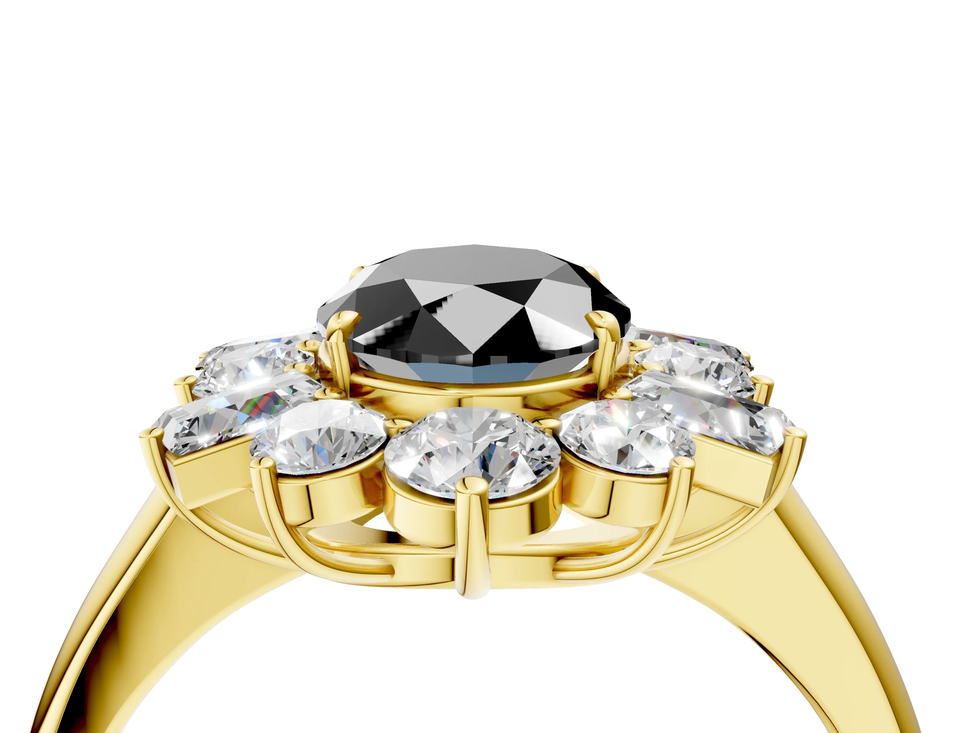 Yellow gold Fancy Black Oval Cut Diamond Cluster Ring with Round and Baguette Stones, Split Shank Band, Prong Setting_4