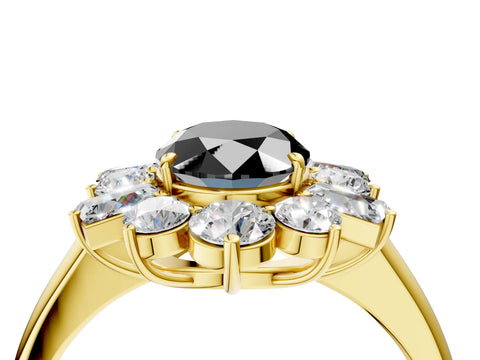 Yellow gold Fancy Black Oval Cut Diamond Cluster Ring with Round and Baguette Stones, Split Shank Band, Prong Setting_4