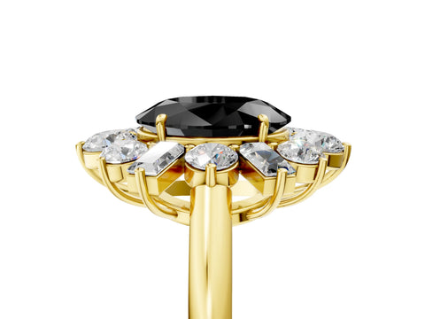 Yellow gold Fancy Black Oval Cut Diamond Cluster Ring with Round and Baguette Stones, Split Shank Band, Prong Setting_5