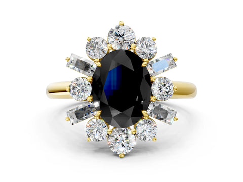 Yellow gold Fancy Black Oval Cut Diamond Cluster Ring with Round and Baguette Stones, Split Shank Band, Prong Setting