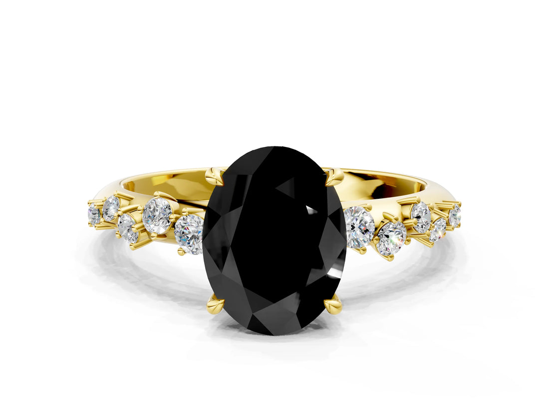 Yellow gold Fancy Black Oval Cut Diamond Cluster Side Stone Solitaire Ring with Prong Setting_24