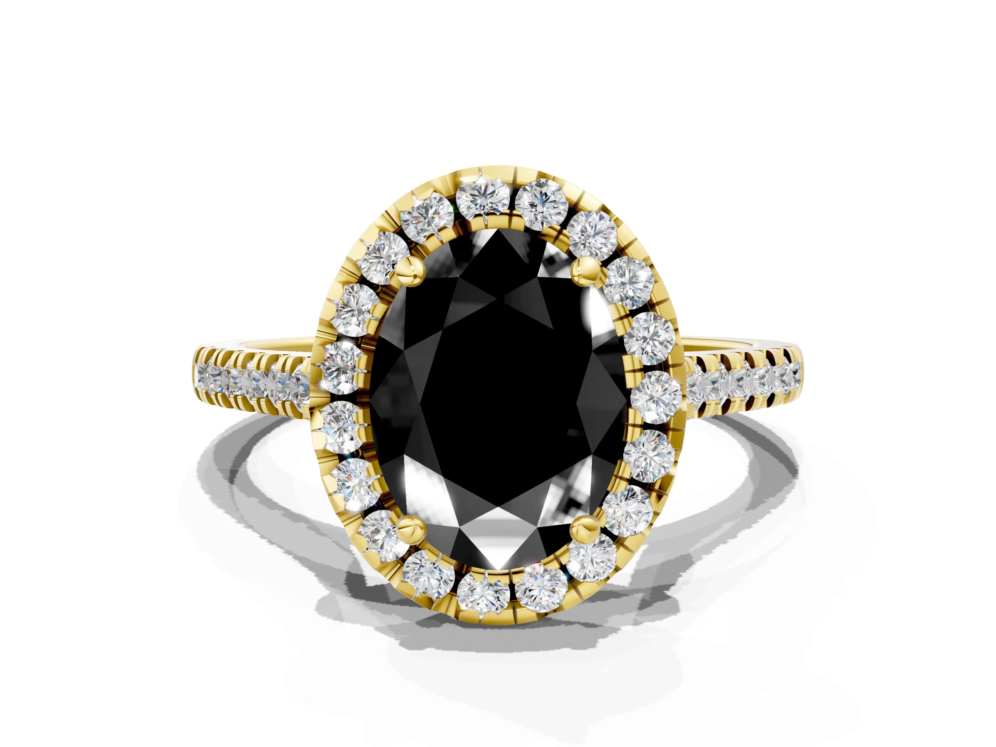 Yellow gold Fancy Black Oval Cut Diamond Cushion Halo Ring with Pavé Band