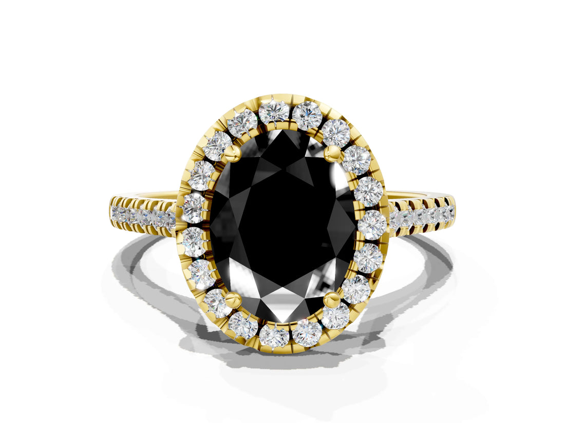 Yellow gold Fancy Black Oval Cut Diamond Cushion Halo Ring with Pavé Band