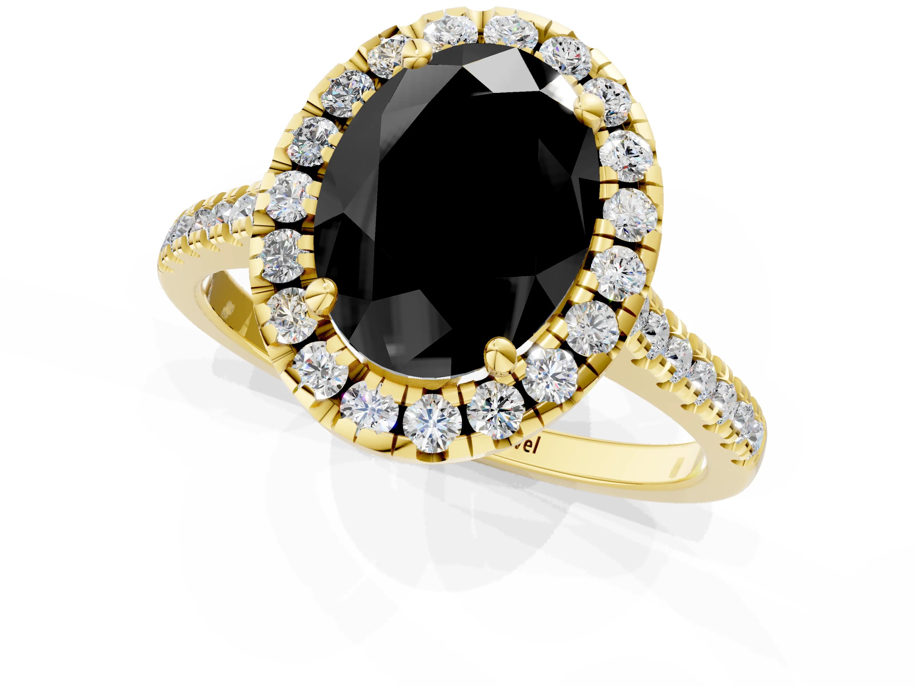 Yellow gold Fancy Black Oval Cut Diamond Cushion Halo Ring with Pavé Band_1