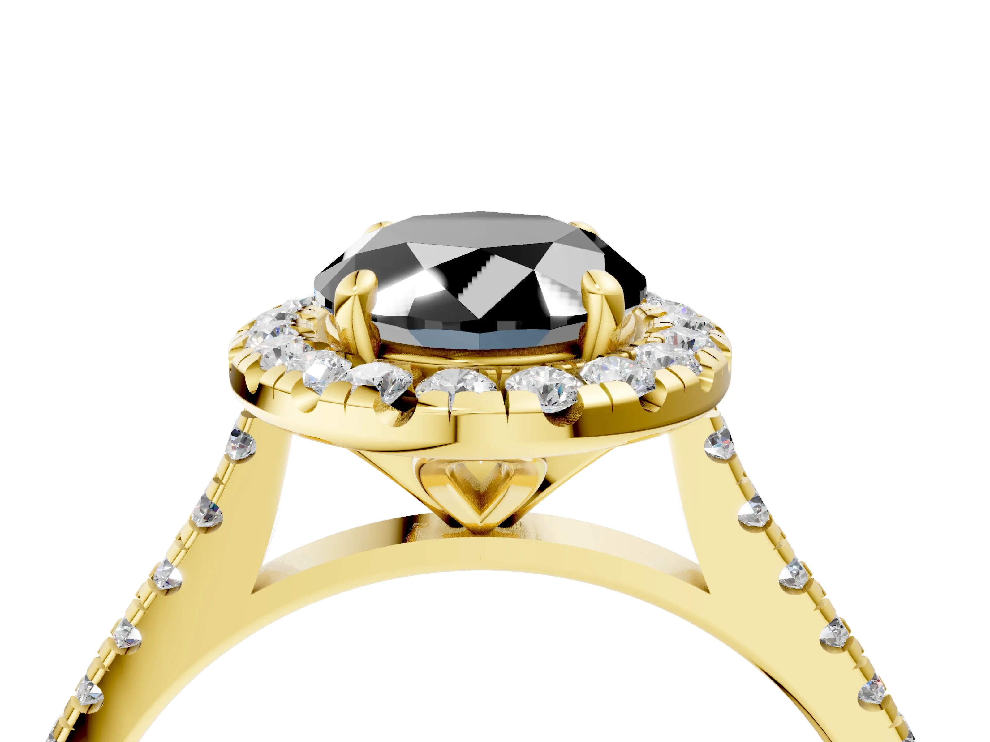 Yellow gold Fancy Black Oval Cut Diamond Cushion Halo Ring with Pavé Band_4